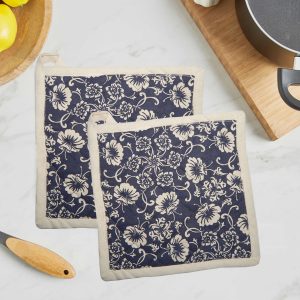 Home Colors Pot Holder (2 pcs) for Kitchen Cooking - Floral Printed - Heat Resistant, Thick & Safe, Protection of Hands from Hot Utensils, Hot Pan Holder, Trivets - Navy & Natural